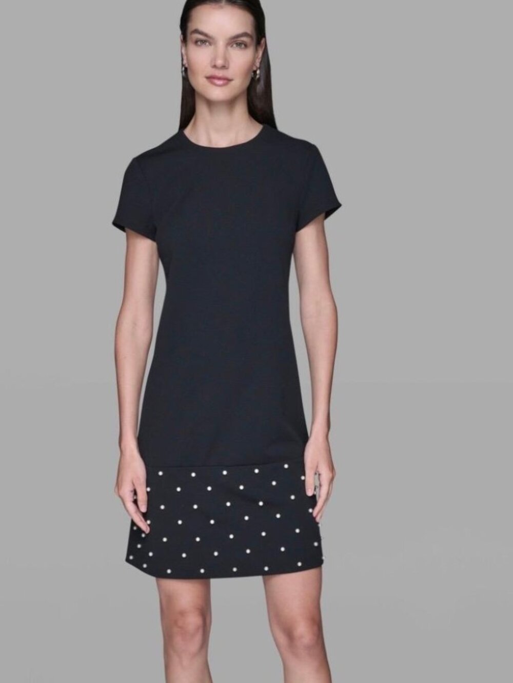 Karl Lagerfeld Scuba Cocktail Dress with Pearl Embellishments, Black, Size 4